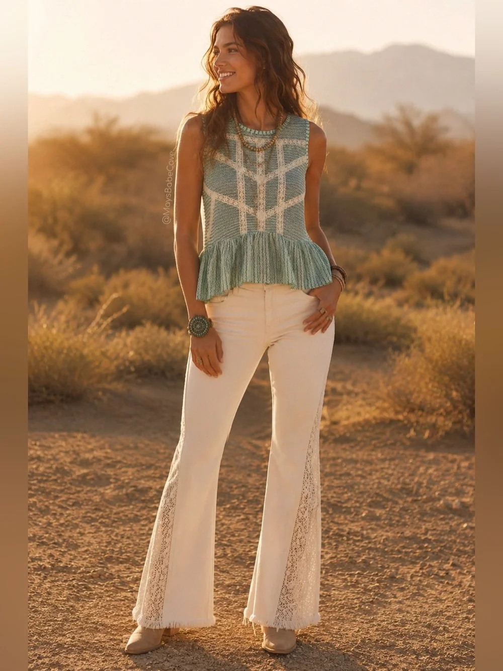 Free People Green Lace Crochet Stripe Peplum Top